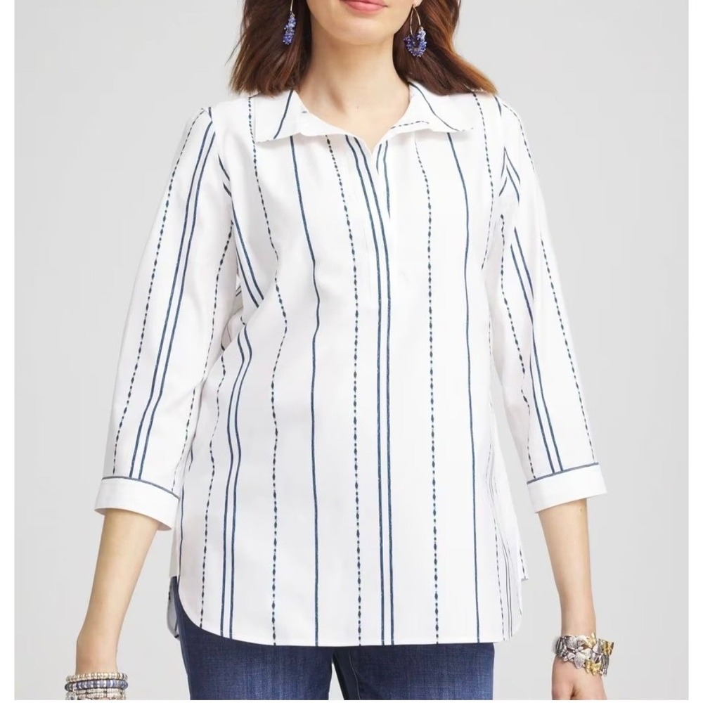 Chico's White Navy Blue Striped 3/4 Sleeve Popover Tunic Blouse Top Size 3 US 16